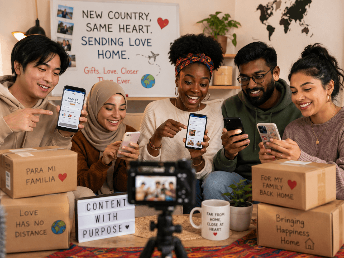 Creators filming content beside gift boxes headed to family back home